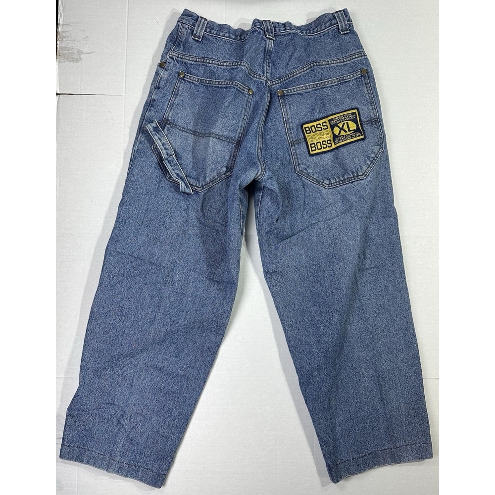 Vintage BOSS Baggy Carpenter Jeans 90s Embroidered Patch Blue Denim 38x30